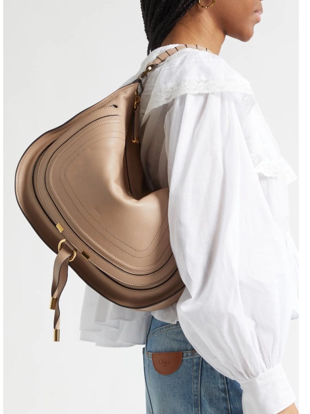 Chloe Marcie Large Shoulder Bag Leather Ivory Auth